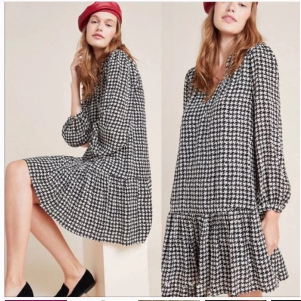 Anthropologie Maeve Sterling Houndstooth Drop Waist Tunic Dress W-617 Sz S